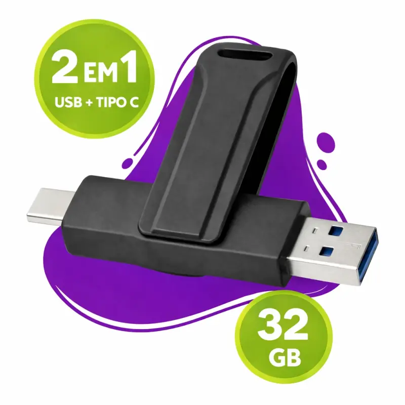 Pen Drive 2 em 1 – 32GB USB e Tipo-C Compatível com Android