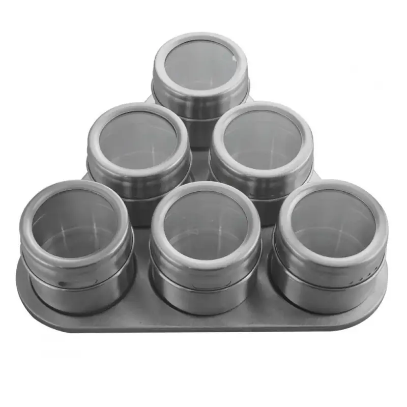 Porta Condimento Inox Magnético – 6 potes com Imã em Base Triângulo