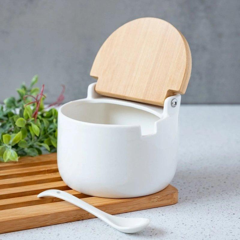 Porta Condimentos Temperos Saleiro Em Porcelana Com Tampa De Bambu