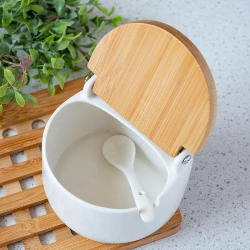 Porta Condimentos Temperos Saleiro Em Porcelana Com Tampa De Bambu
