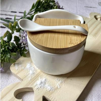 Porta Condimentos Temperos Saleiro Em Porcelana Com Tampa De Bambu