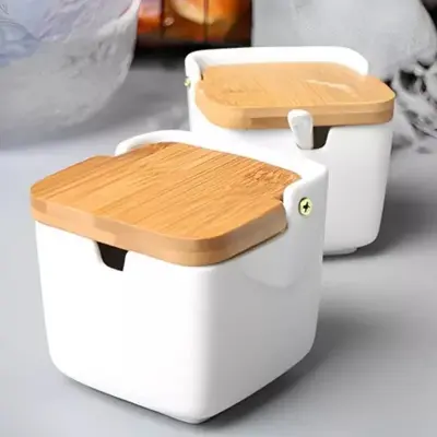 Porta Condimentos Temperos Saleiro Quadrado Em Porcelana Com Tampa De Bambu