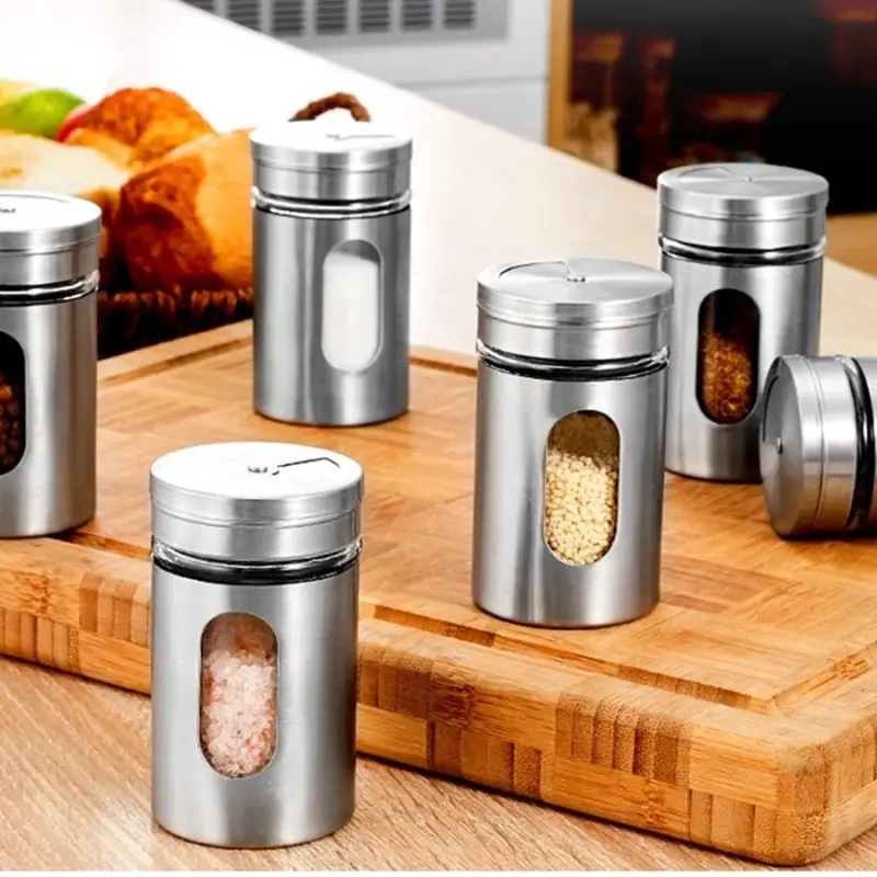 Porta Condimentos Temperos Vidro Inox Com Visor Luxo