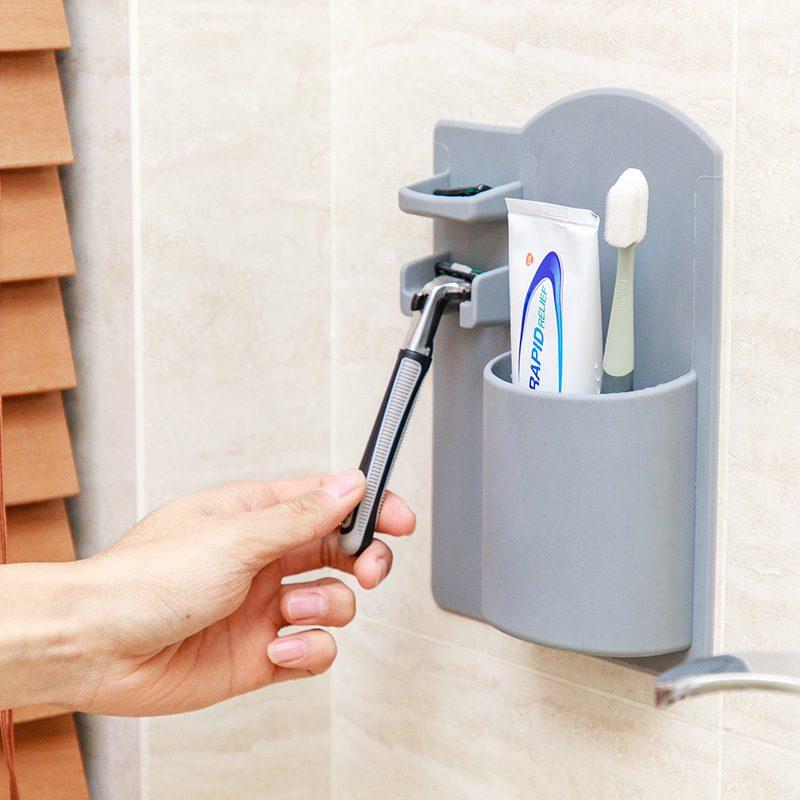 Porta Escova De Dente e Barbeador Silicone Adesivo Banheiro