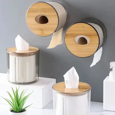 Porta Papel Higiênico Luxo Transparente Com Tampa De Bambu