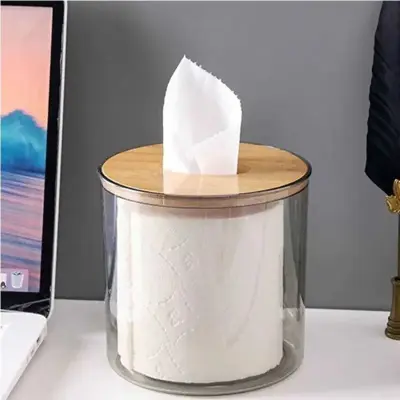 Porta Papel Higiênico Luxo Transparente Com Tampa De Bambu
