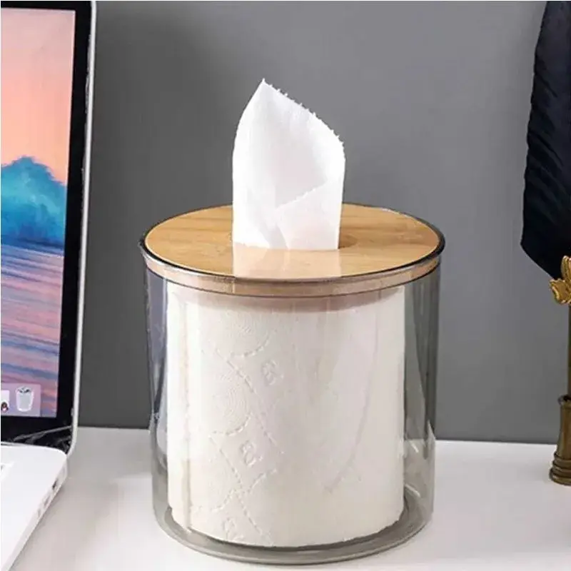 Porta Papel Higiênico Luxo Transparente Com Tampa De Bambu