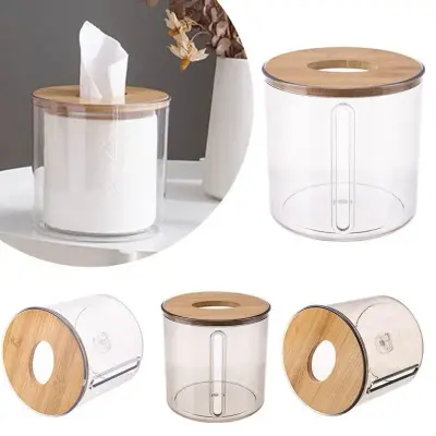 Porta Papel Higiênico Luxo Transparente Com Tampa De Bambu