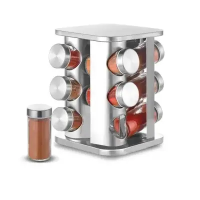 Porta Temperos Giratório 12 Peças Vidro Com Suporte Inox