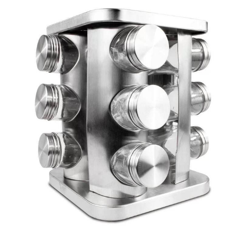 Porta Temperos Giratório 12 Peças Vidro Com Suporte Inox
