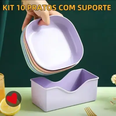 Pratos de Sobremesa Plástico Coloridos com Base Organizadora Kit 10