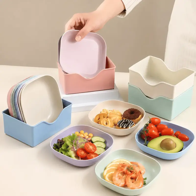 Pratos de Sobremesa Plástico Coloridos com Base Organizadora Kit 10