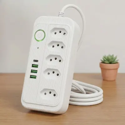 Extensão Régua Elétrica 5 Tomadas 3 USB 1 USB-C