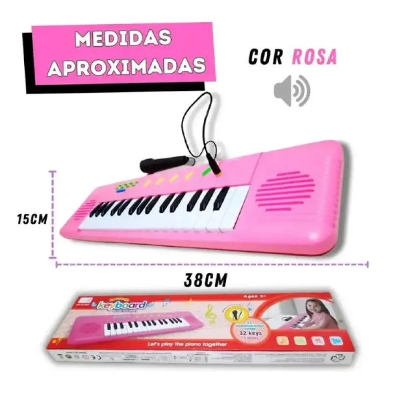 Teclado Musical Infantil com Microfone Karaokê 32 Teclas Rosa
