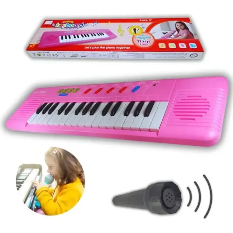 Teclado Musical Infantil com Microfone Karaokê 32 Teclas Rosa