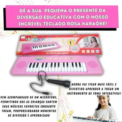 Teclado Musical Infantil com Microfone Karaokê 32 Teclas Rosa
