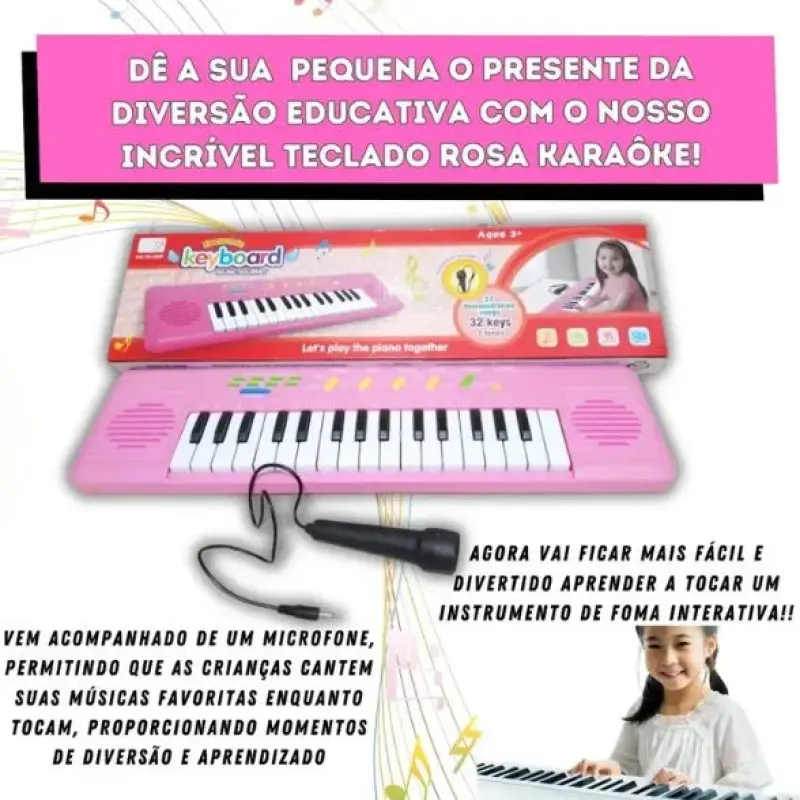 Teclado Musical Infantil com Microfone Karaokê 32 Teclas Rosa