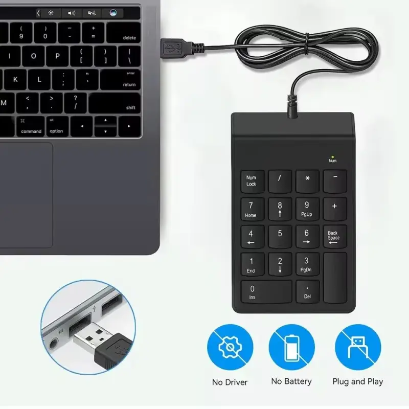 Teclado Numérico com Fio USB 18 Teclas Portátil Preto