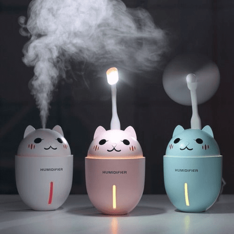 Umidificador de Ar Portátil Luminária Led Usb Ventilador Gatinho