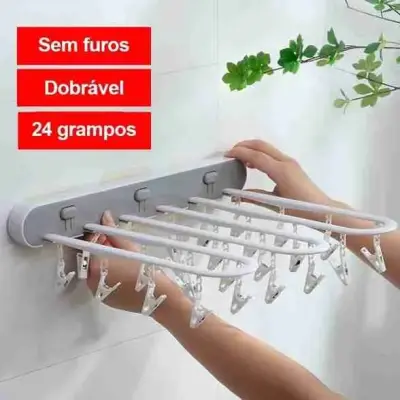 Varal De Parede Dobrável E Retrátil Com Prendedores Integrados