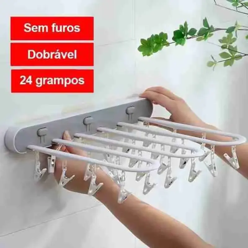 Varal De Parede Dobrável E Retrátil Com Prendedores Integrados