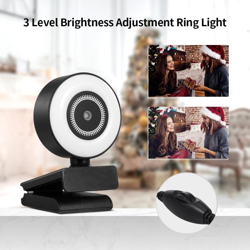 Webcam 1080p Hd com Microfone Auto Foco 360º Anel de Luz Led