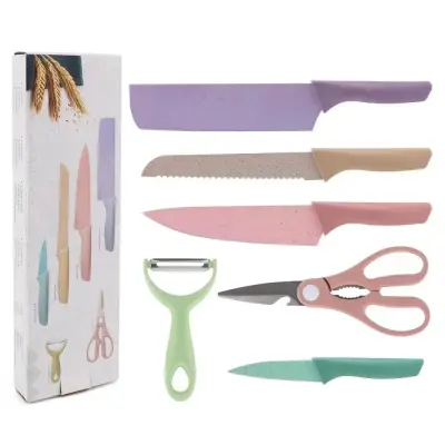 Jogo De Facas Gourmet Colorida + Tesoura E Descascador – 06 Peças