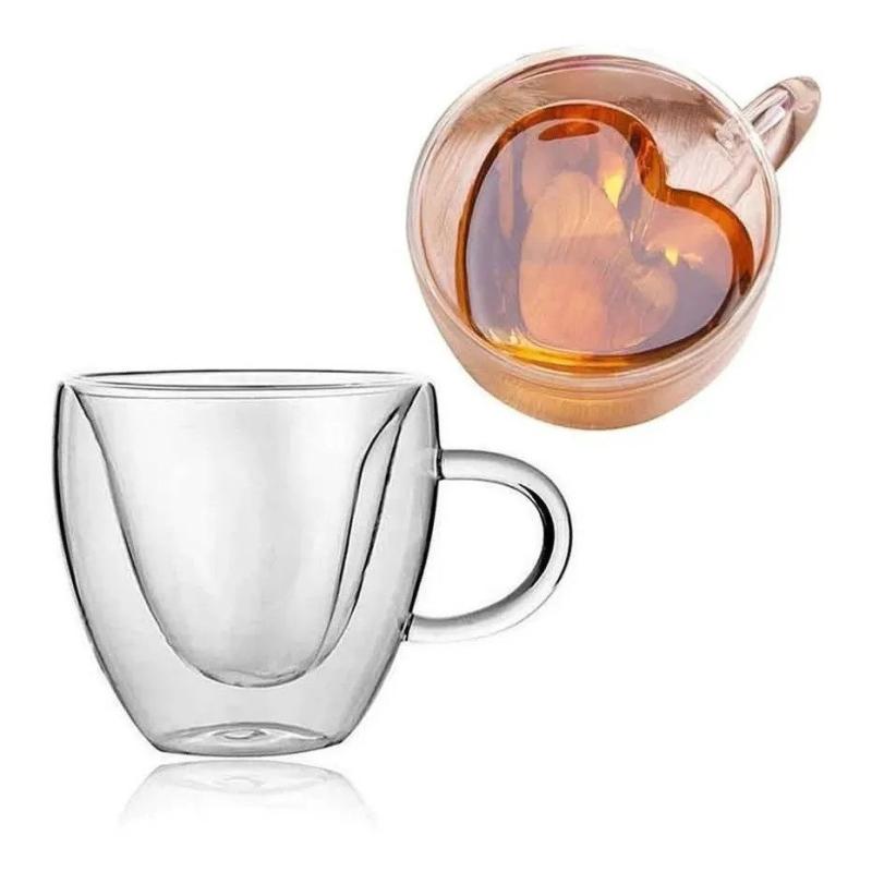 Xicaras de Café ou Chá Formato Coração Vidro Parede Dupla – C/ 2 Pçs